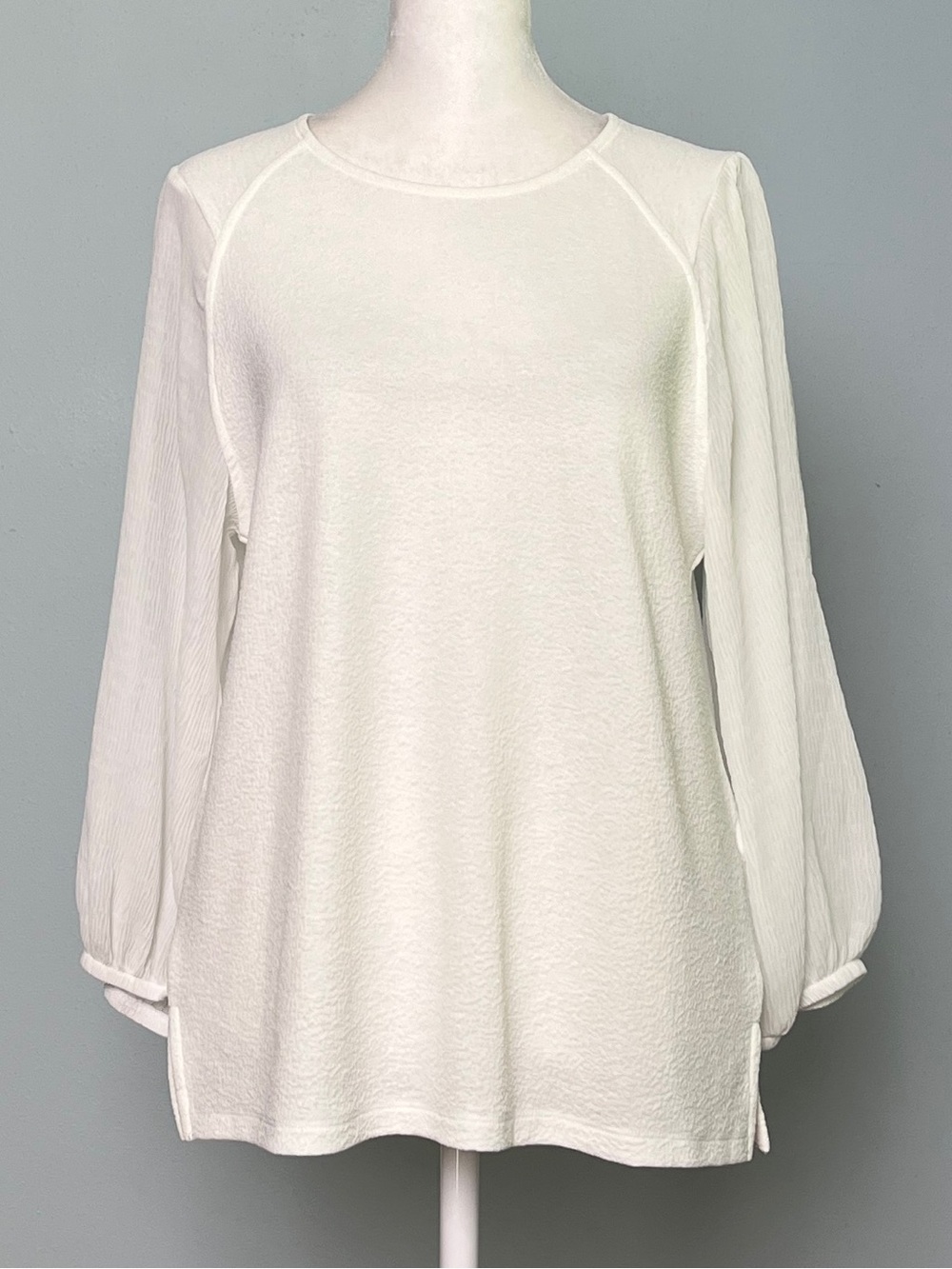 Ivory Mixed Media Textured Blouse | Bishop Sleeves | Romantic Minimal | S | NWOT